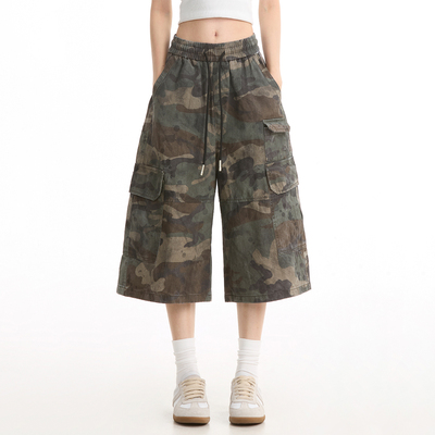 NOONOZ夏季美式多口袋迷彩工装短裤男新款潮牌宽松显瘦中裤七分裤