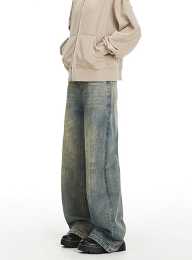 NOONOZ牛仔裤男宽松美式高街cleanfit裤子做旧阔腿垂感微喇叭长裤