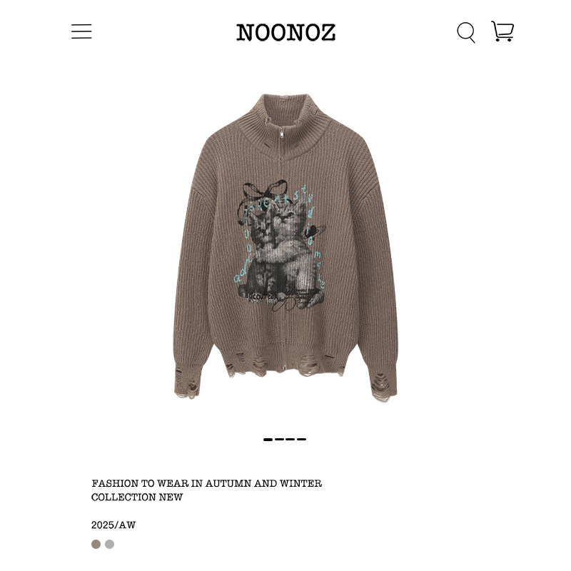 美式复古猫咪破洞双拉链开衫毛衣