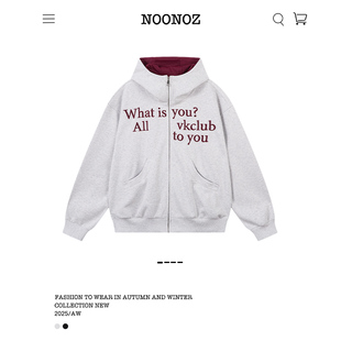 NOONOZ美式潮牌刺绣字母开衫卫衣男中性风街头重磅情侣设计感外套