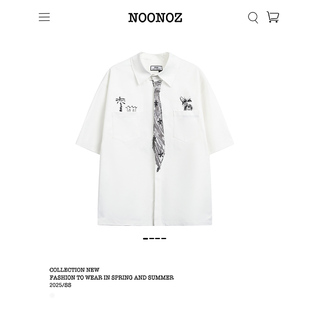 NOONOZ国潮黑白涂鸦领带短袖衬衫男夏季创意休闲情侣美式潮牌衬衣
