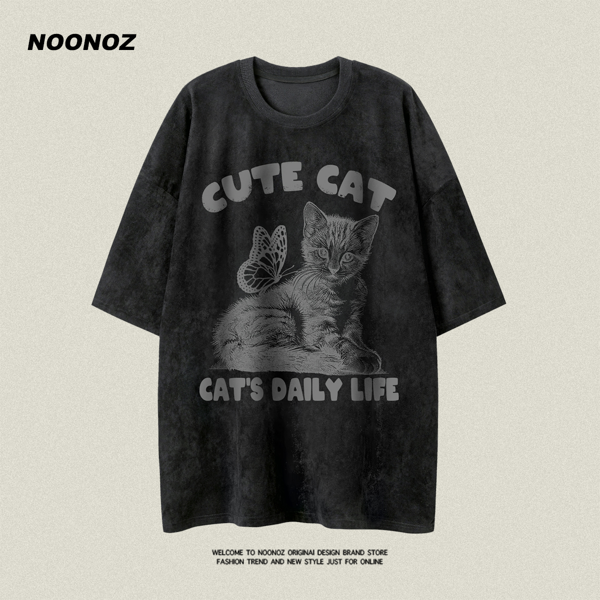 NOONOZ美式复古猫咪印花短袖T恤