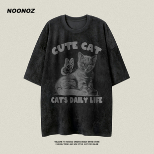 宽松oversize半袖 T恤男夏季 上衣 复古猫咪印花短袖 NOONOZ潮牌美式