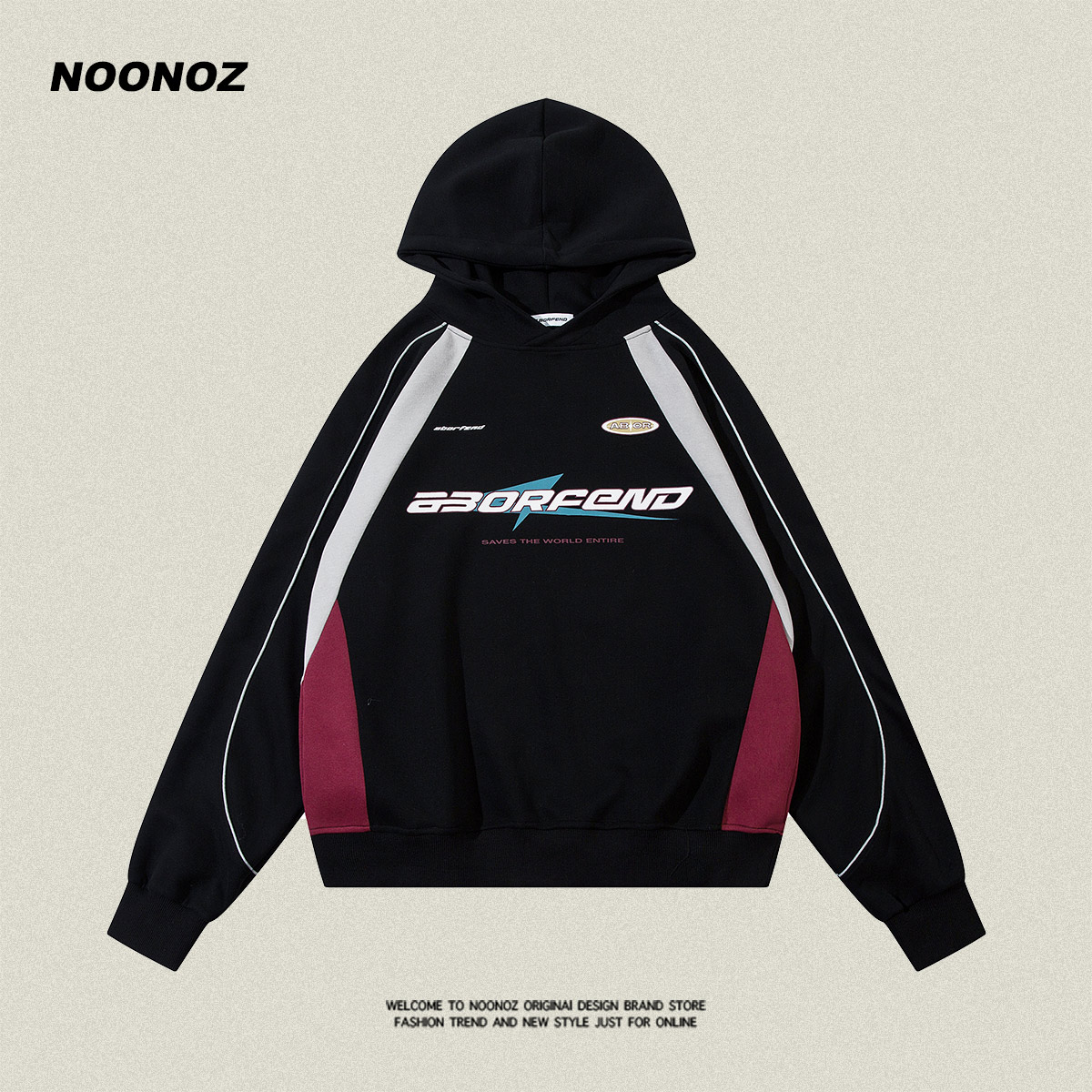 NOONOZ美式撞色潮牌连帽卫衣