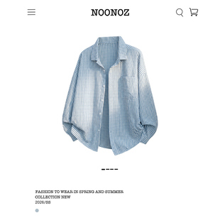 NOONOZ蓝色格纹翻领长袖 男中性风潮牌少年感宽松外穿休闲衬衣 衬衫