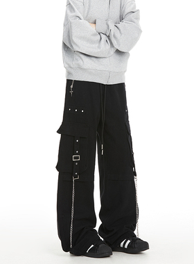 NOONOZ裤子男美式高街工装裤宽松大口袋链条街头设计感休闲直筒裤