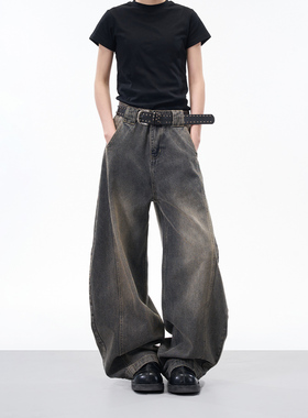 NOONOZ潮牌阔腿弯刀牛仔裤男美式高街水洗做旧垂感显瘦百搭休闲裤