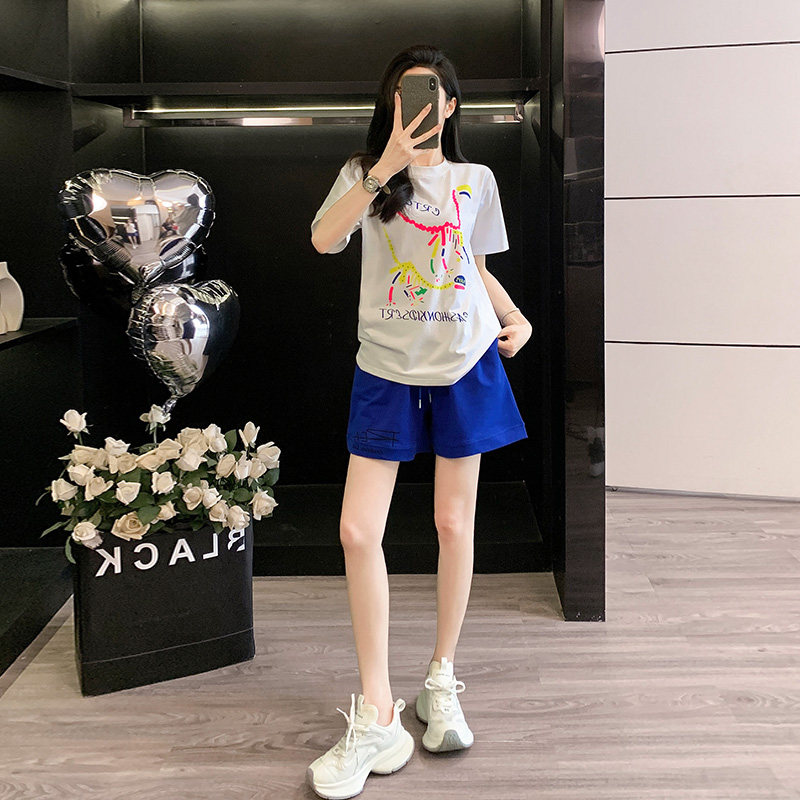印花短袖短裤休闲套装女夏2025时尚洋气运动宽松减龄跑步服两件套