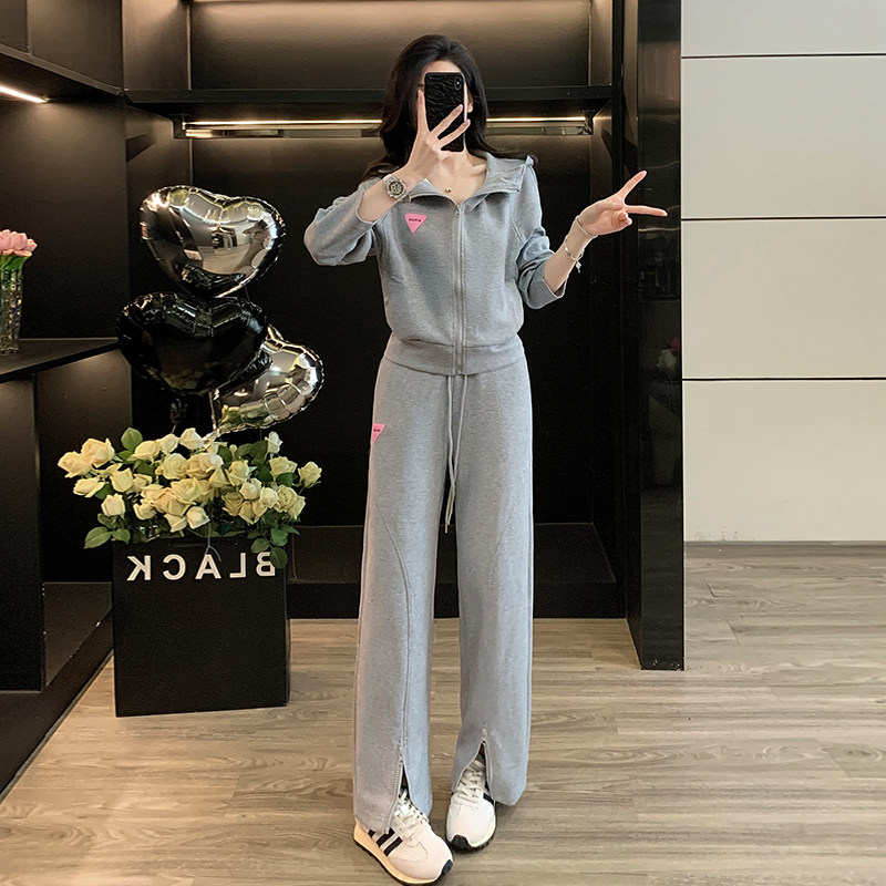 欧货时尚休闲套装女秋冬新款减龄灰色连帽卫衣开叉阔腿裤两件套潮