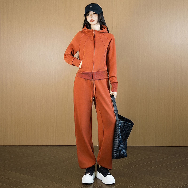 连帽拉链卫衣阔腿裤运动两件套