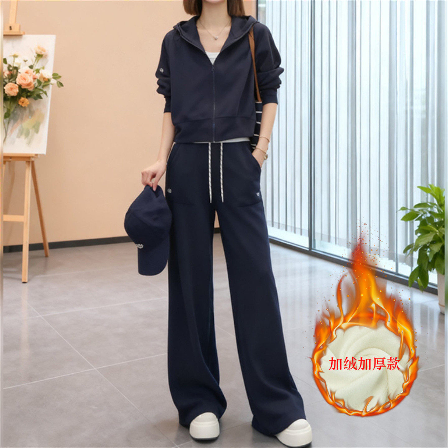 加绒连帽拉链卫衣时尚休闲套装女秋冬季宽松显瘦阔腿裤运动两件套