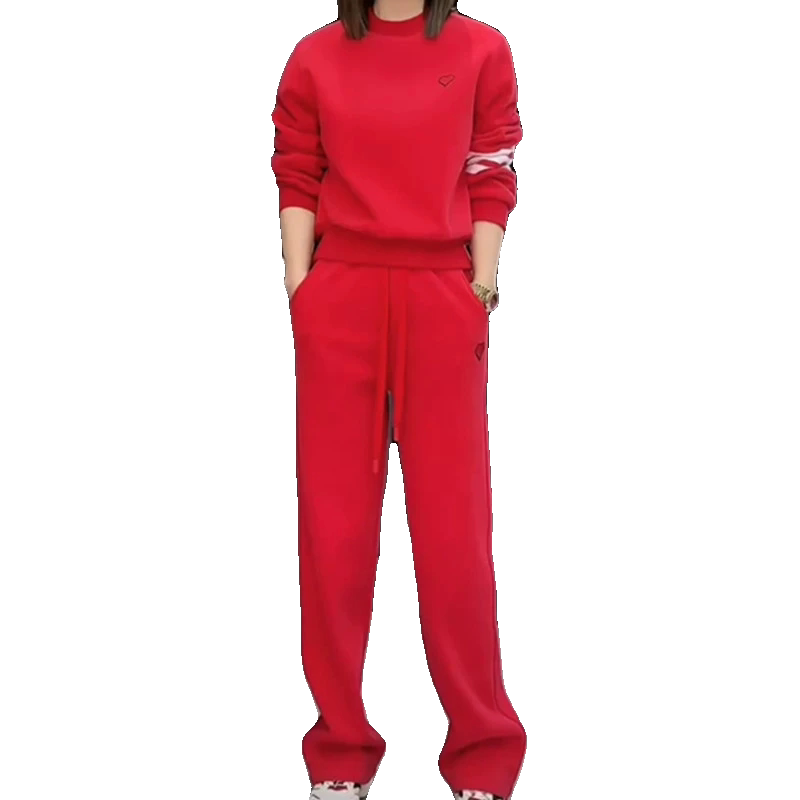 休闲套装女红色卫衣阔腿裤两件套