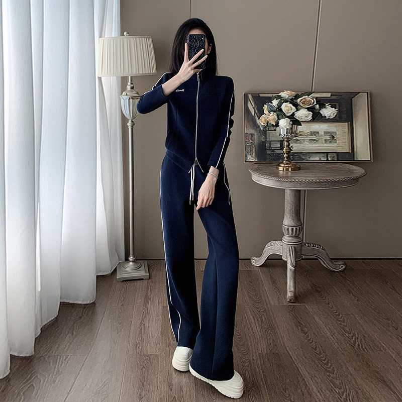 高级感时尚休闲套装女秋冬宽松设计感立领双拉链卫衣阔腿裤两件套