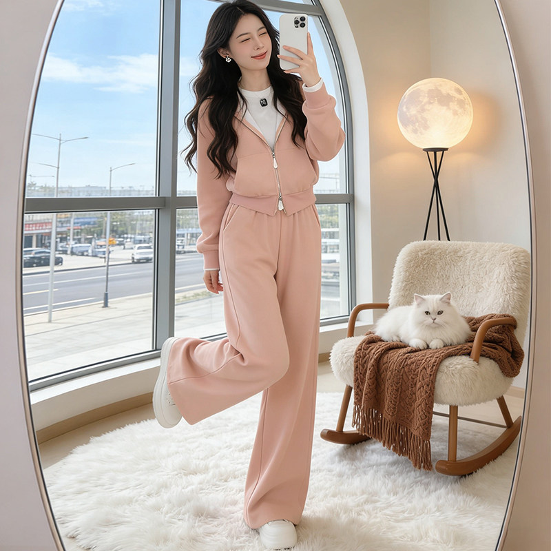 粉色连帽拉链卫衣时尚休闲套装女春秋减龄显瘦阔腿裤运动两件套潮