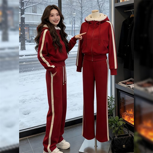 韩式搭配一整套冬装红色加绒连帽拉链卫衣阔腿裤高级感休闲套装女