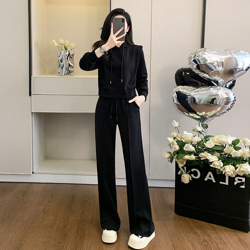 套装女黑色连帽卫衣阔腿裤两件套