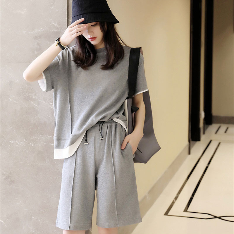 休閑套裝女T恤短袖中褲兩件套