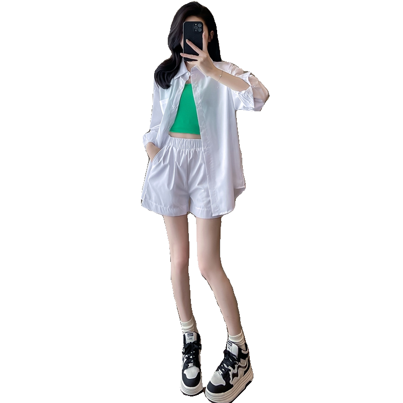 度假防晒衣女衬衫吊带短裤三件套