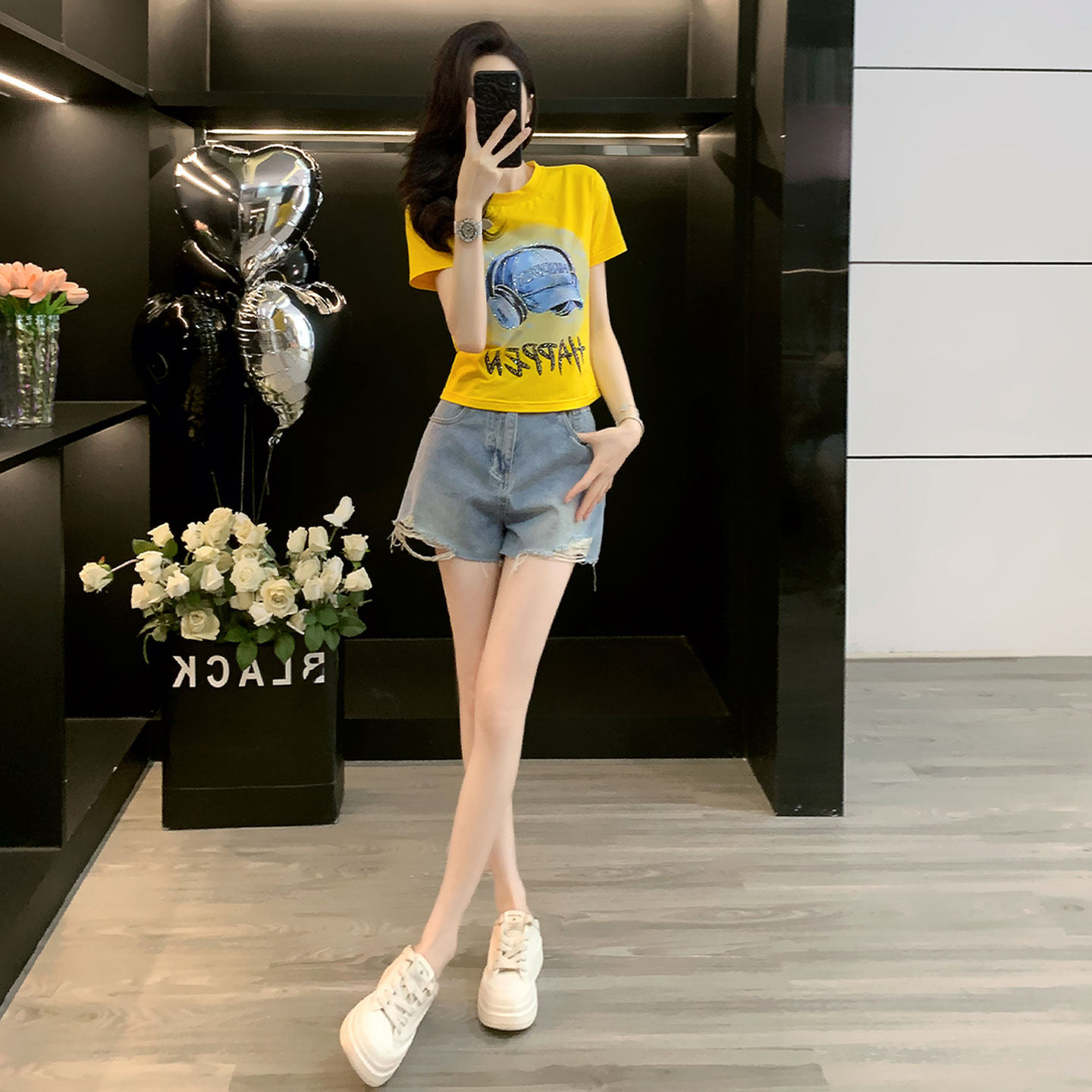 时尚休闲套装女夏季新款洋气显瘦减龄烫钻短袖牛仔短裤运动两件套