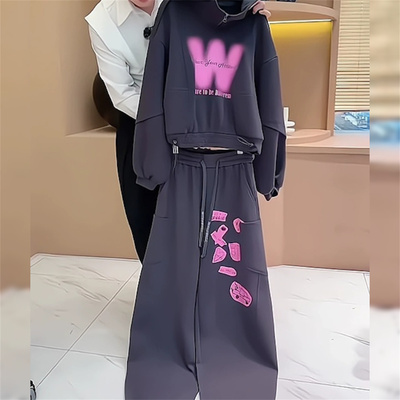 宽松印花连帽卫衣阔腿裤两件套潮