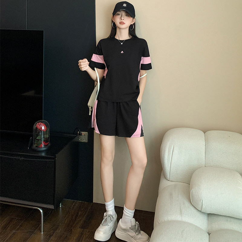 显瘦黑色短袖短裤休闲运动两件套