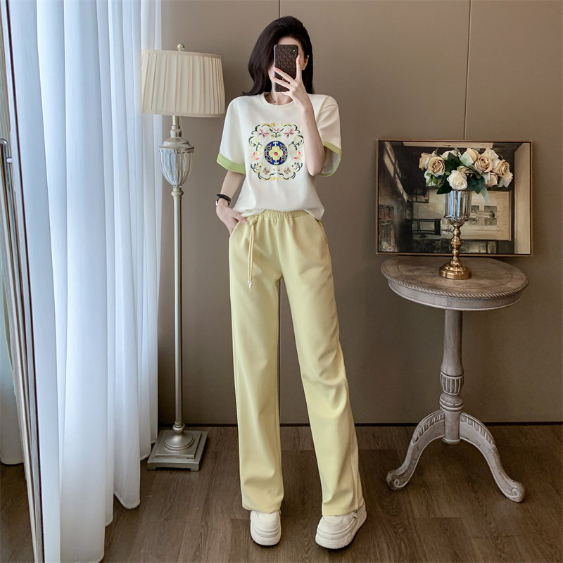 国风休闲套装女2026夏新款宽松显瘦减龄绣花短袖阔腿裤运动两件套