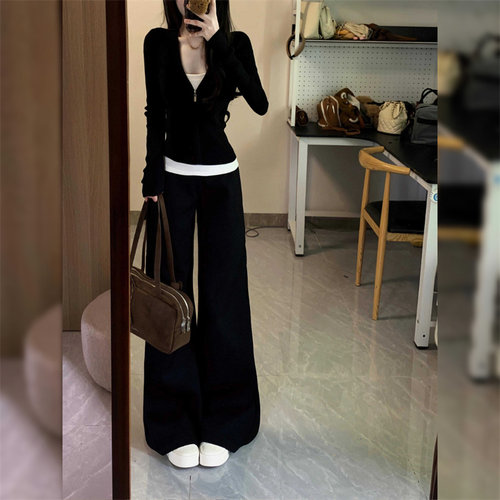 黑色V领长袖吊带阔腿裤三件套