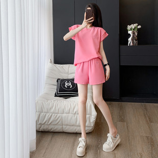 盐系炸街粉色休闲套装女夏季新款宽松显瘦气质短袖短裤运动两件套