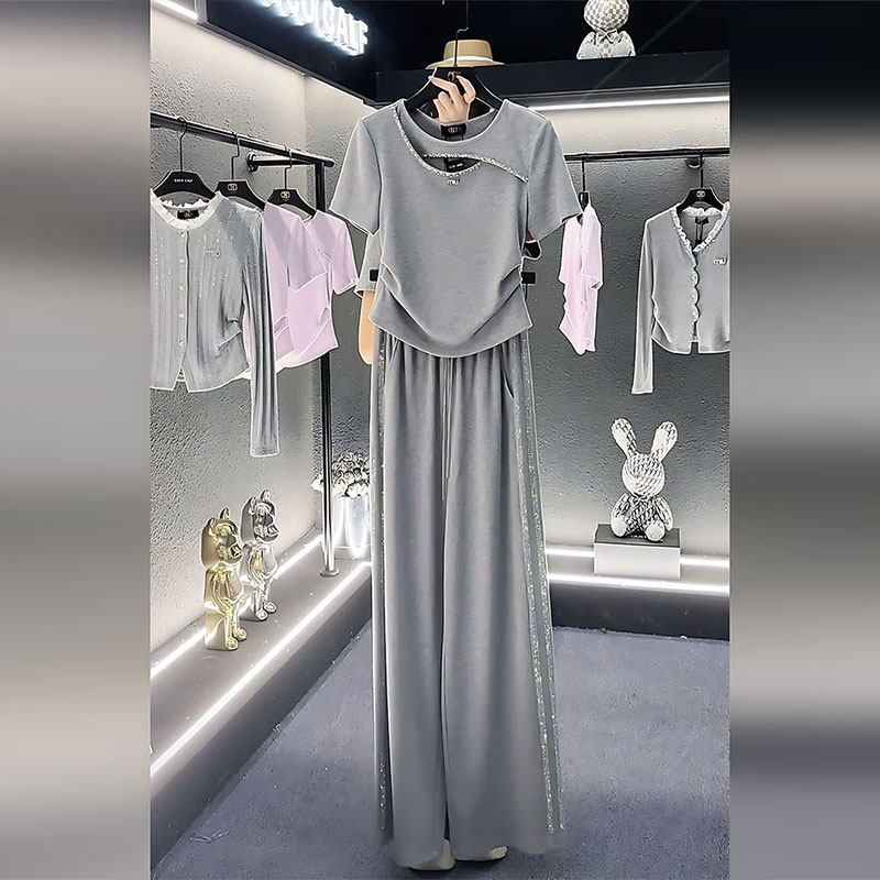 休閑套裝女短袖闊腿褲炸街兩件套