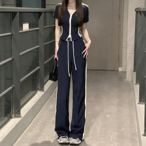 拉链休闲套装女短袖阔腿裤两件套