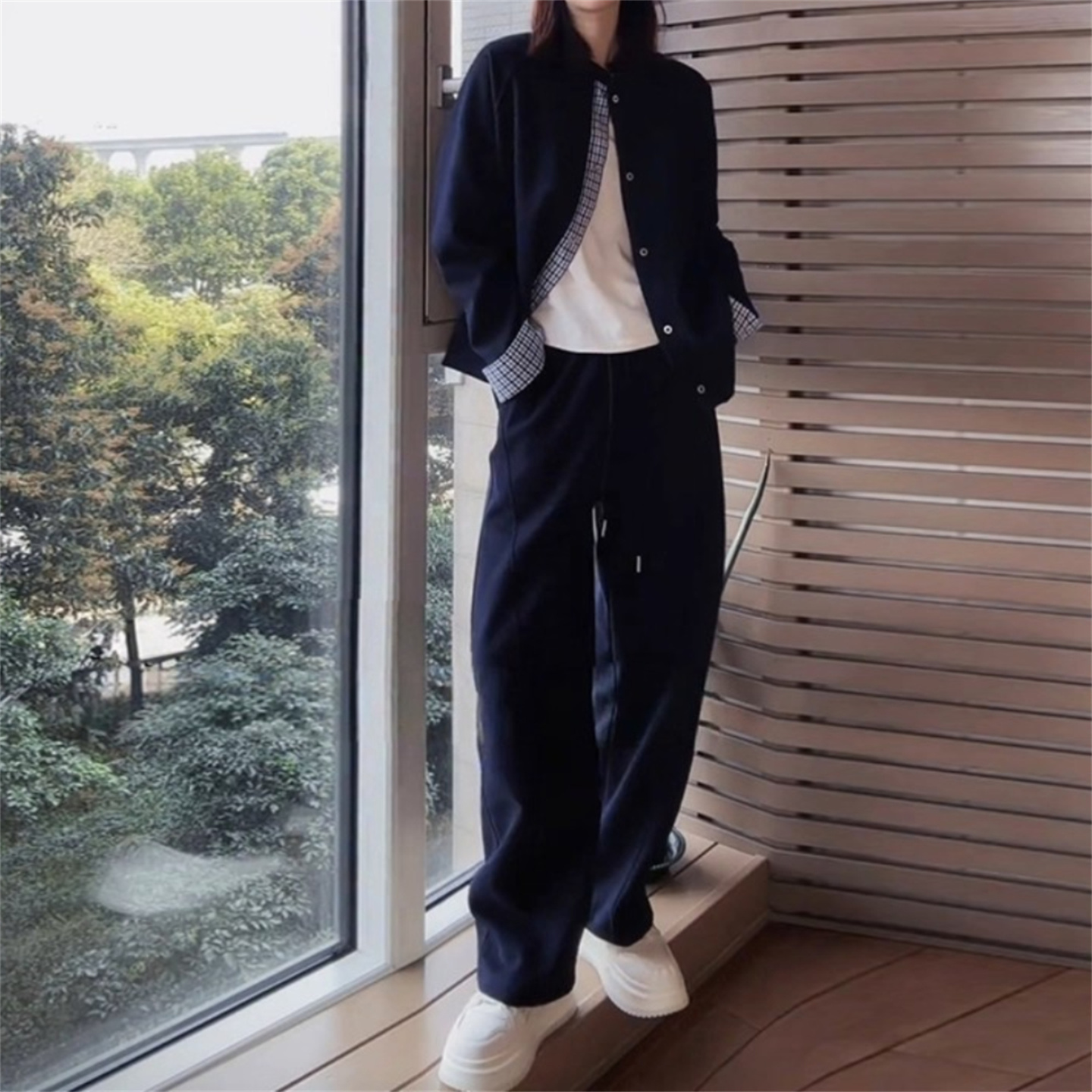 格纹拼接卫衣外套阔腿裤两件套潮