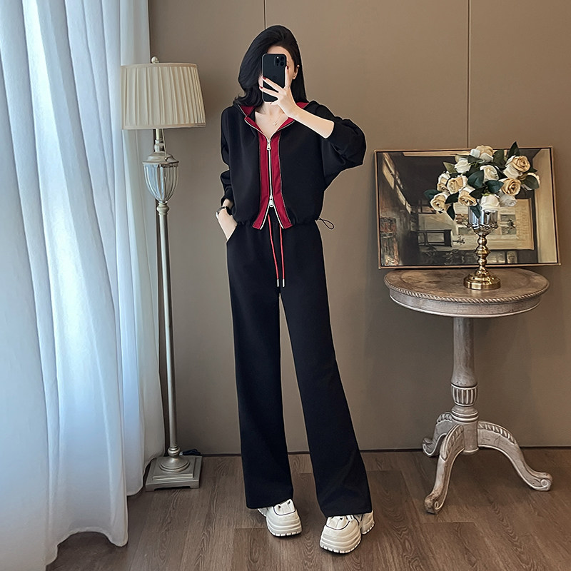 双拉链卫衣阔腿裤加绒休闲套装女
