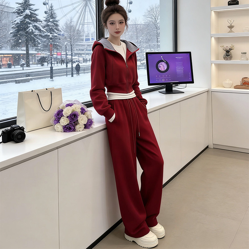 韩系时尚休闲套装女冬季加绒红色连帽拉链卫衣阔腿裤高级感两件套
