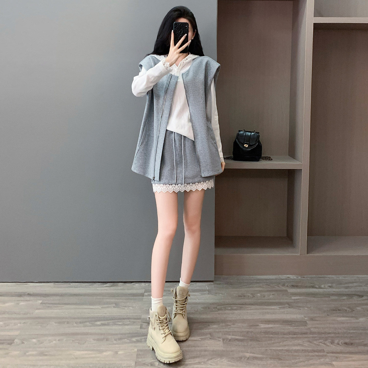 休闲套装裙女蕾丝拼接短裙三件套