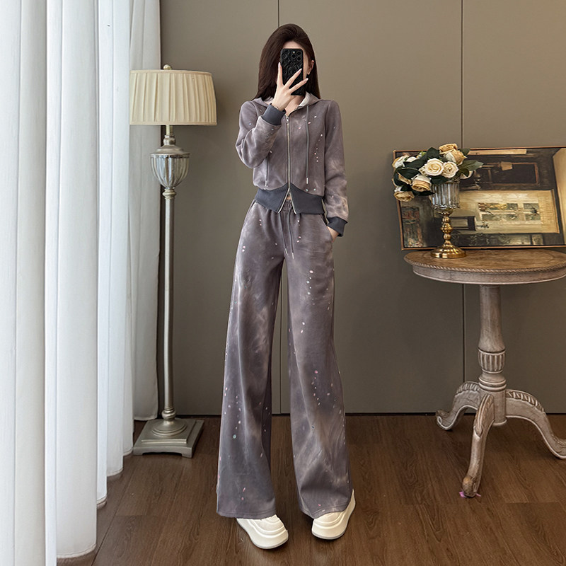 韩系减龄一整套春秋季穿搭时尚扎染连帽卫衣阔腿裤休闲运动套装女