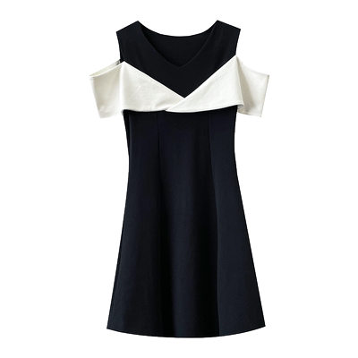 露肩黑色连衣裙女夏小个子a字裙