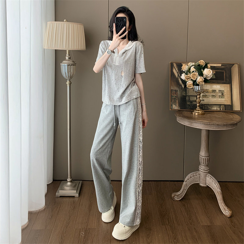蕾丝破洞连帽短袖阔腿裤两件套