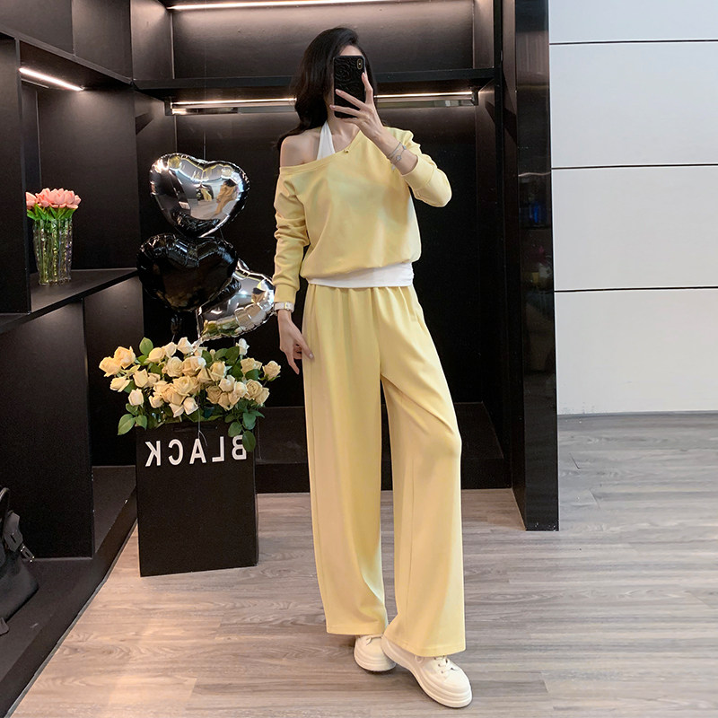 挂脖假两件卫衣阔腿裤休闲套装女