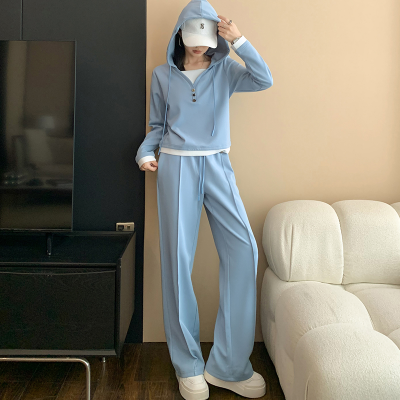 网红炸街时尚休闲套装女秋冬新款减龄假两件连帽卫衣阔腿裤两件套