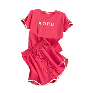 红色V领短袖短裤休闲套装女夏季新款宽松显瘦减龄运动风两件套潮