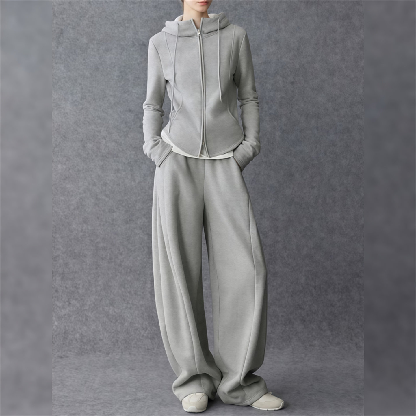加绒高级感连帽拉链卫衣百搭休闲套装女秋冬修身显瘦阔腿裤两件套