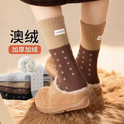 澳绒袜子女款秋冬季中筒袜女士加厚加绒保暖双面毛绒波点布标长袜