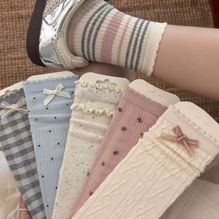 薄款 蝴蝶结miu系袜子女中筒袜春夏季 芭蕾风灰蓝色甜美百搭堆堆袜
