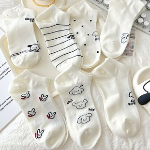 网眼透气ins潮棉质日系卡通可爱薄款 黑白小狗袜子女短袜夏季 船袜