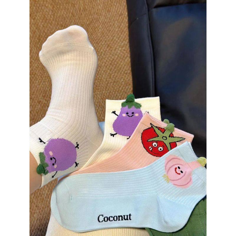 立体袜子女夏季薄款日系可爱卡通蔬菜竖条纹糖果色短袜ins潮百搭