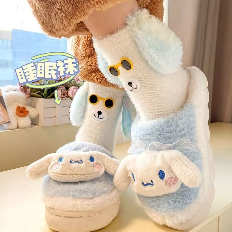 水貂绒情侣袜加绒加厚男女中筒袜冬季可爱大耳朵软萌毛绒小狗袜