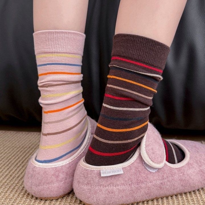 复古条纹中筒袜女款纯棉韩版ins氛围感撞色无骨显瘦简约堆堆长袜,女士内衣/男士内衣/家居服,中筒袜,淘宝优惠券,粉丝福利购,淘宝优惠卷