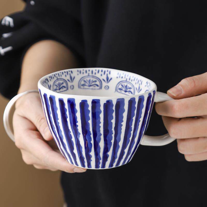 北欧手捏不规则大容量陶瓷杯手绘几何图形马克杯牛奶杯燕麦片水杯