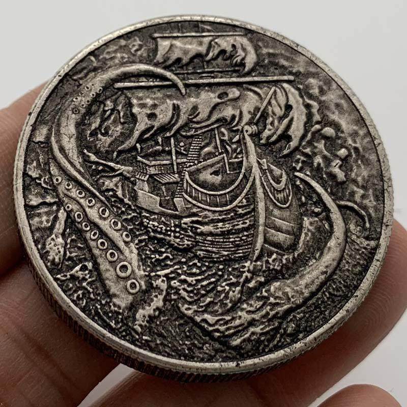 流浪币海盗骷髅章鱼帆船深雕5mm厚纪念章 币40mm铜银硬币纪念币