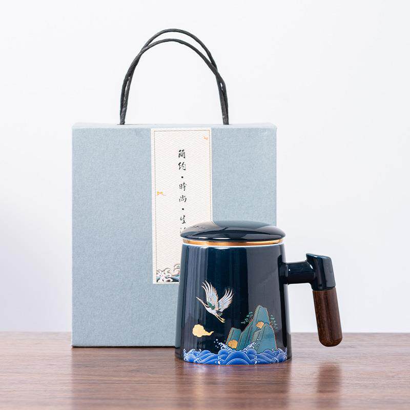 陶瓷泡茶杯带盖茶水分离杯过滤水杯创意木柄杯子办公杯礼品杯国潮